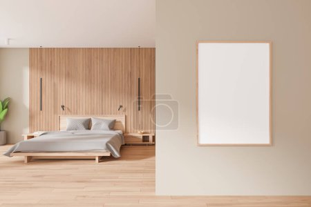 Photo for Scandinavian hotel bedroom interior bed and nightstand with decoration, hanging lamps and hardwood floor. Minimalist sleep room with mock up canvas poster on wall partition. 3D rendering - Royalty Free Image