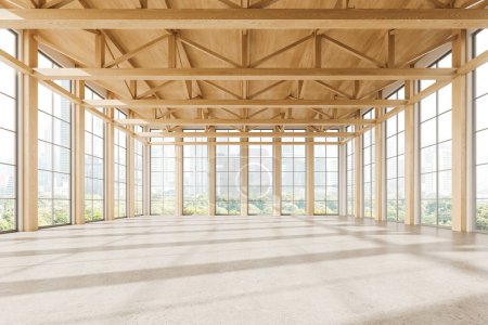 Photo for Wooden factory or warehouse, industrial building interior. Minimalist loft design with light concrete floor, empty space for storage. Panoramic window on Bangkok skyscrapers. 3D rendering - Royalty Free Image