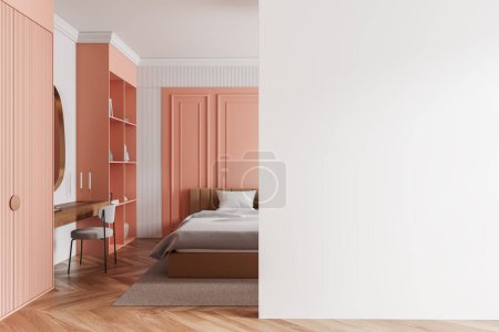 Photo for Cozy home bedroom interior with beauty table and bed. Chair, dresser and shelf with decoration, relax room on hardwood floor. Mock up empty wall partition. 3D rendering - Royalty Free Image