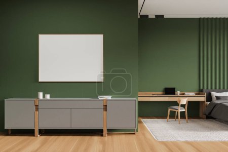 Photo for Stylish hotel bedroom interior bed and workspace with chair and laptop, carpet on hardwood floor. Sideboard and mockup canvas poster on green wall partition. 3D rendering - Royalty Free Image