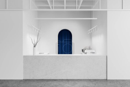 Foto de Un mostrador de cafetería minimalista con una cortina azul, paredes blancas, iluminación de pista y ramas decorativas sobre un fondo liso, concepto de diseño moderno. Renderizado 3D - Imagen libre de derechos