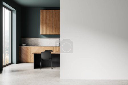 Foto de Modern home kitchen interior with eating table and chairs, concrete floor. Dining and cooking space with wooden cabinet and panoramic window. Mock up empty wall partition. 3D rendering - Imagen libre de derechos