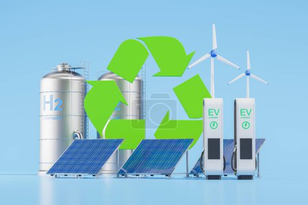 Foto de Gran símbolo de reciclaje, paneles solares y turbinas eólicas, tanques de hidrógeno con estación de carga de EV sobre fondo azul. Concepto de energía verde, ecología y fuentes renovables. Renderizado 3D - Imagen libre de derechos