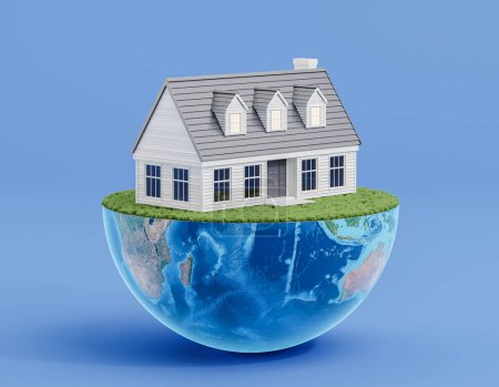 Photo for Half of planet Earth and big house on green grass, blue background. Concept of environment, home, ecology and life. 3D rendering illustration - Royalty Free Image
