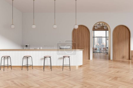 Foto de Interior de la cafetería moderna con detalles de madera, mostrador de bar y taburetes, suelos de parquet de espiga sobre fondo claro y aireado, concepto de hospitalidad. Renderizado 3D - Imagen libre de derechos
