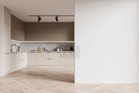 Téléchargez les photos : Intérieur de cuisine moderne avec des éléments en bois sur les meubles et le sol, un mur blanc vierge comme espace de copie, style minimaliste, rendu 3D. - en image libre de droit