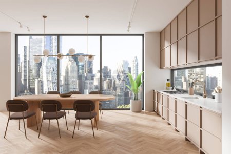 Stylish home kitchen interior with dinner table and chairs, panoramic window on New York skyscrapers. Cooking and eating space with cabinet and plant. 3D rendering