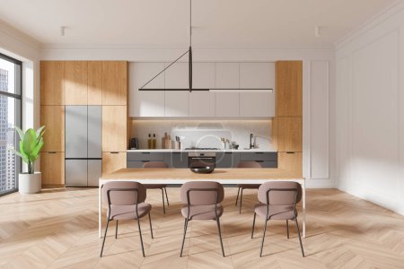 Téléchargez les photos : Intérieur de cuisine moderne avec mobilier en bois, une table à manger, chaises, et un fond de vue sur la ville, concept de design de maison urbaine. Rendu 3D - en image libre de droit