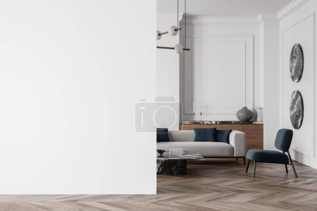 Foto de Casa clásica sala de estar interior con sofá y sillón, mesa de centro y aparador de madera con decoración. Simular partición de pared vacía. Renderizado 3D - Imagen libre de derechos