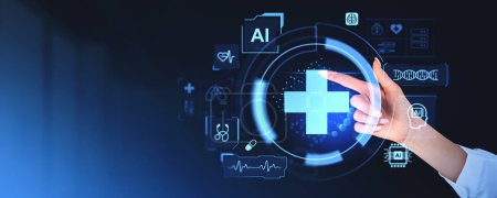 Téléchargez les photos : Une personne interagit avec l'interface technologique futuriste des soins de santé, graphiques numériques sur fond sombre, concept d'IA en médecine - en image libre de droit