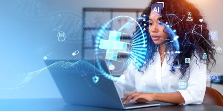 African woman doctor working with laptop, glowing large cross and medical icons hud hologram. Concept of innovation in treatment, AI diagnosis and futuristic technologies
