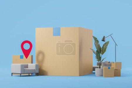 Photo for Big blank carton box and home furniture with location mark, blue background. Concept of delivery service, moving house and tracking. 3D rendering illustration - Royalty Free Image