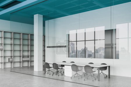 Photo for Corner view of glass conference room interior with chairs and board, concrete floor. Business hallway with meeting space and shelf with folders. 3D rendering - Royalty Free Image