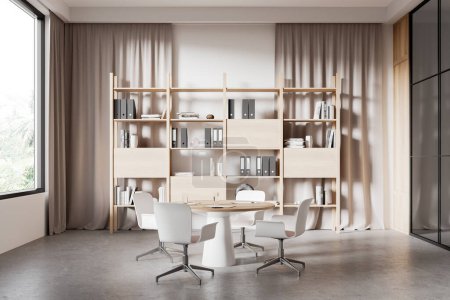 Photo for Interior of stylish office meeting room with white and beige walls, concrete floor, round conference table with white chairs and wooden bookcase with folders standing near wall. 3d rendering - Royalty Free Image