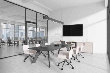 Moderner Büro-Besprechungsraum mit großem Tisch, Stühlen und Blick auf Hochhäuser aus dem Fenster im Hintergrund, Konzept des Arbeitsbereichs. 3D-Rendering
