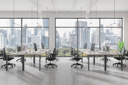 Photo for A modern office work space with desks, chairs, and computers cityscape background concept of corporate environment. 3D Rendering - Royalty Free Image