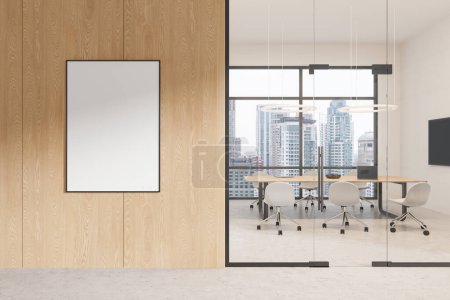 Photo for Interior of stylish office board room with wooden and white walls, concrete floor, long conference table with white chairs and TV set on the wall. Vertical mock up poster on the left. 3d rendering - Royalty Free Image