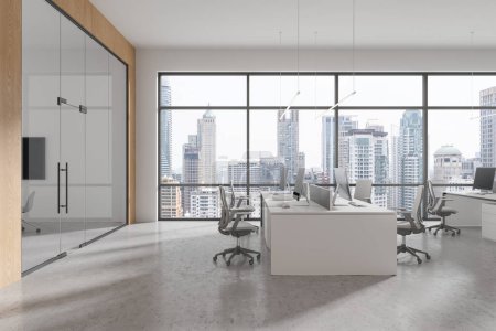 Photo for Office coworking interior with armchairs and pc computer on desks with dividers, concrete floor. White and wooden business room and panoramic window on Bangkok skyscrapers. 3D rendering - Royalty Free Image