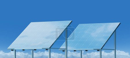 Photo for Two solar panels against a blue sky, representing renewable energy and sustainability, with fluffy clouds in the background, 3D Rendering. - Royalty Free Image