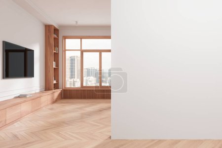 Photo for A modern living room interior with wooden flooring and a large window with a city view, light background, concept of home design. 3D Rendering - Royalty Free Image