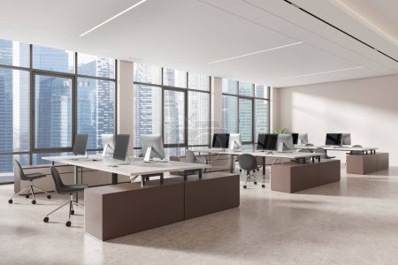 Foto de Un espacioso y moderno interior de oficina con escritorios, sillas, computadoras, contra ventanas de paisaje urbano, concepto de espacio de trabajo luminoso. Renderizado 3D - Imagen libre de derechos