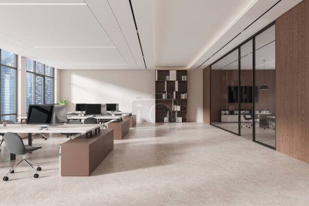 Photo for Interior of modern open space office with white and wooden walls, concrete floor, row of computer desks with gray chairs and wooden and glass walls. 3d rendering - Royalty Free Image