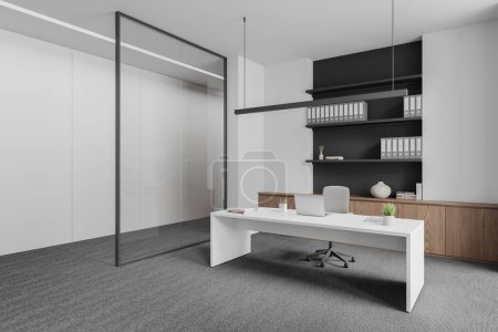 Photo for A modern CEO office interior with a desk, chair, shelves, and decorations on white walls, concept of corporate workspace. 3D Rendering - Royalty Free Image