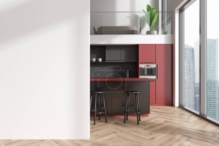Téléchargez les photos : Intérieur de cuisine moderne avec armoires rouges, cloison en verre et plancher en bois contre une vue de grande hauteur, concept de vie urbaine. Rendu 3D - en image libre de droit