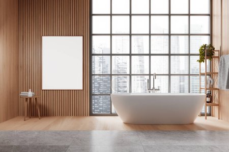 Téléchargez les photos : Une salle de bain moderne avec une grande fenêtre donnant sur la ville, avec une affiche vierge pour les maquettes et une baignoire autoportante, rendu 3D. - en image libre de droit