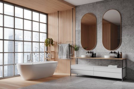 Téléchargez les photos : Une salle de bain moderne avec baignoire, lavabos jumeaux, accents en bois dans un contexte de vue sur la ville, mettant en évidence un design spacieux et luxueux. Rendu 3D - en image libre de droit