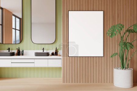 Téléchargez les photos : Intérieur moderne de la salle de bain de l'hôtel avec double lavabo, vanité avec accessoires et plante sur plancher de bois franc. Fenêtre panoramique sur les gratte-ciel. Affiche de toile maquillée sur un mur en bois. rendu 3D - en image libre de droit