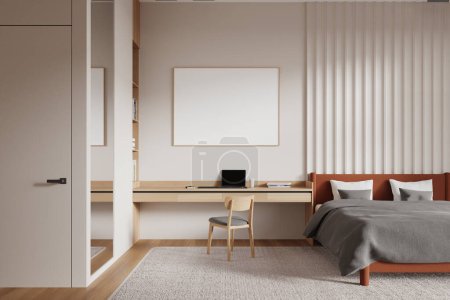 Photo for Interior of stylish master bedroom with beige walls, wooden floor, comfortable king size bed and computer table with chair and horizontal mock up poster hanging above it. 3d rendering - Royalty Free Image