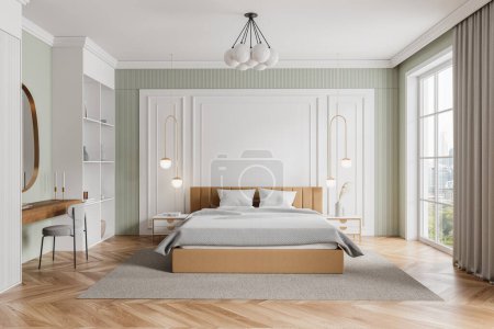 Téléchargez les photos : Intérieur de chambre moderne avec un grand lit, mobilier élégant, et fenêtre lumineuse, concept de maison. Rendu 3D - en image libre de droit