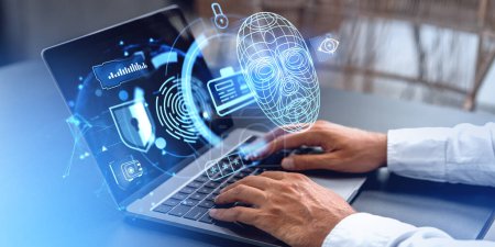 Photo for Man hands typing in laptop, biometric verification and face id. Digital hologram hud with fingerprint, padlock, eye tracking and statistics. Concept of data security and online safety - Royalty Free Image