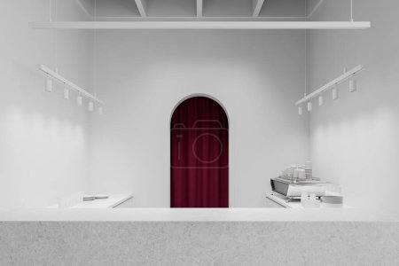 Photo for Minimalist cafe interior with white counters, coffee cups, and a maroon curtain on a plain background, evokes simplicity and modern design. 3D Rendering - Royalty Free Image