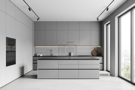 Stylish home kitchen interior with bar island and cooking cabinet, oven mounted and kitchenware on counter. Panoramic window on Bangkok skyscrapers. 3D rendering