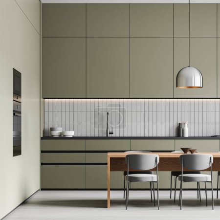 Photo for Modern home kitchen interior with dining table and chairs, green cooking cabinet with kitchenware on counter. Minimalist eating space in modern apartment. 3D rendering - Royalty Free Image