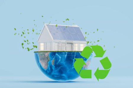 Photo for Half Earth and big two-storey house with solar panels, large recycling symbol. Concept of environment, ecology, green and renewable energy. 3D rendering illustration - Royalty Free Image