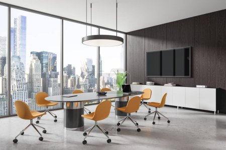 Photo for Corner view of conference interior with table and yellow chairs, tv display and sideboard with decoration. Office negotiation room with panoramic window on New York skyscrapers. 3D rendering - Royalty Free Image