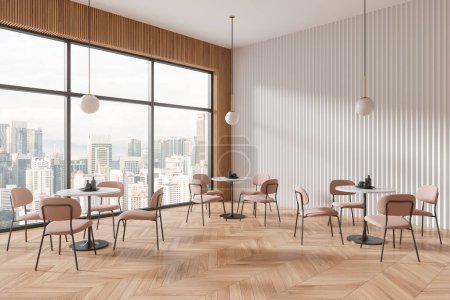 Téléchargez les photos : Intérieur moderne de café avec tables rondes, chaises, un fond de vue sur la ville, concept d'espace repas. Rendu 3D - en image libre de droit