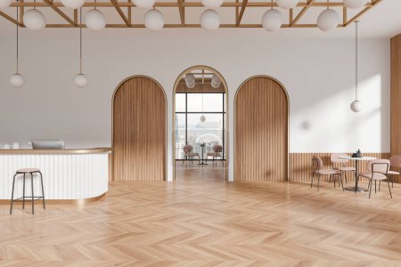 Téléchargez les photos : Intérieur moderne de café avec des éléments en bois, mobilier minimaliste, et vue sur la ville, concept de salle à manger contemporaine. Rendu 3D - en image libre de droit