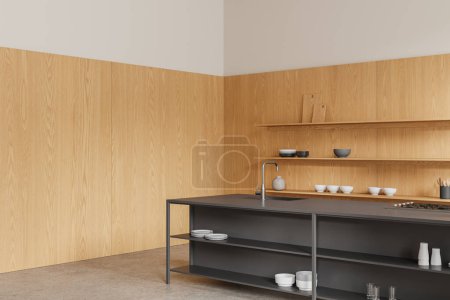 Téléchargez les photos : Cuisine moderne avec lambris muraux en bois et comptoirs noirs, style minimaliste, fond beige, concept de design d'intérieur. Rendu 3D - en image libre de droit