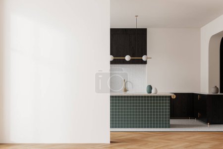 Foto de Interior de la cocina con bar isla y gabinete, fregadero y decoración. Espacio de cocina de lujo con estantes y se burlan de partición de pared vacía. Renderizado 3D - Imagen libre de derechos