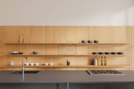 Téléchargez les photos : Wooden home kitchen interior with bar counter, sink and stove, dishes and plates on shelf. Closeup of minimalist cooking area in modern apartment. 3D rendering - en image libre de droit