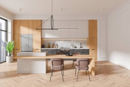 Téléchargez les photos : Un intérieur de cuisine moderne avec des armoires en bois, un îlot central et des chaises élégantes, sur un plancher en chevrons, concept de design de maison. Rendu 3D - en image libre de droit