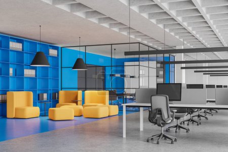 Foto de Vista de esquina del interior de la oficina azul con sala de conferencias de vidrio, espacio de relax con sillones y estante con carpetas. Área de trabajo y descanso amarillo en loft de negocios. Renderizado 3D - Imagen libre de derechos