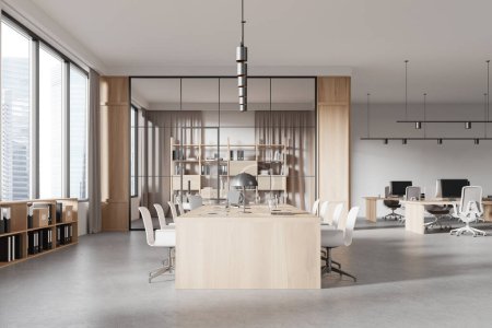 Téléchargez les photos : Interior of stylish open space office with gray and wooden walls, concrete floor, rows of wooden computer desks and panoramic window with city skyline, 3d rendering - en image libre de droit