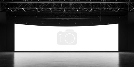 Photo for Front view of mockup blank white glowing digital screen in dark hall, industrial interior with scene and concrete floor. Concept of presentation, business forum and marketing. 3D rendering - Royalty Free Image