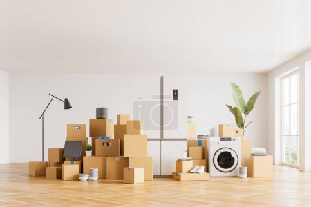 Photo for Home apartment interior with stack of packed cardboard boxes, furniture and equipment on hardwood floor. Concept of moving house and family relocation. 3D rendering illustration - Royalty Free Image