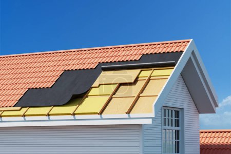 Téléchargez les photos : Maison moderne avec processus de réparation de toit en bardeaux, fond ciel clair. Concept de rénovation, de réaménagement et d'installation de matériaux. Illustration de rendu 3D - en image libre de droit